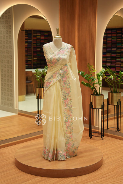 Tissue Organza Embroidery Saree For Women Ivory Cream BJ2660