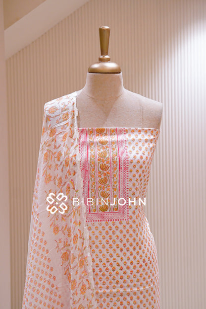 Printed Cotton Unstitched Salwar Suit Material White BJ1117
