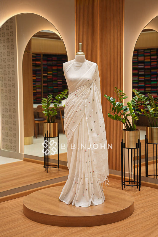 Linen Embroidery Saree Ivory-White BJ0943