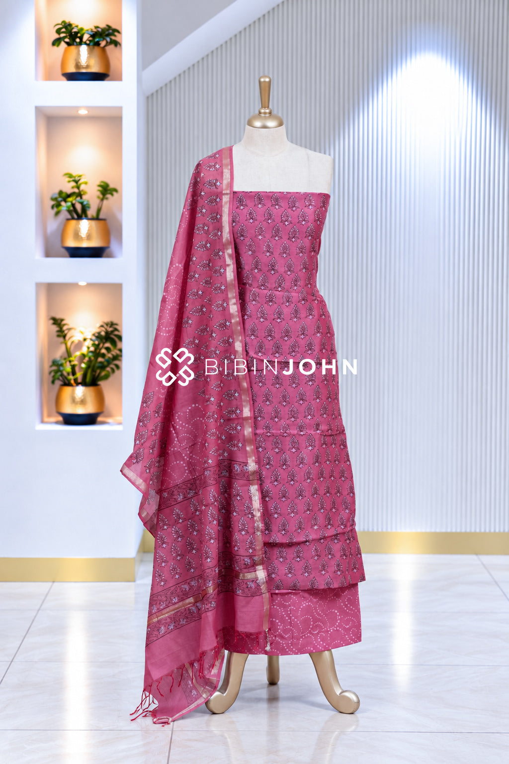Printed Chanderi Unstitched Salwar Suit Material  Dusty Rose Pink BJ1933
