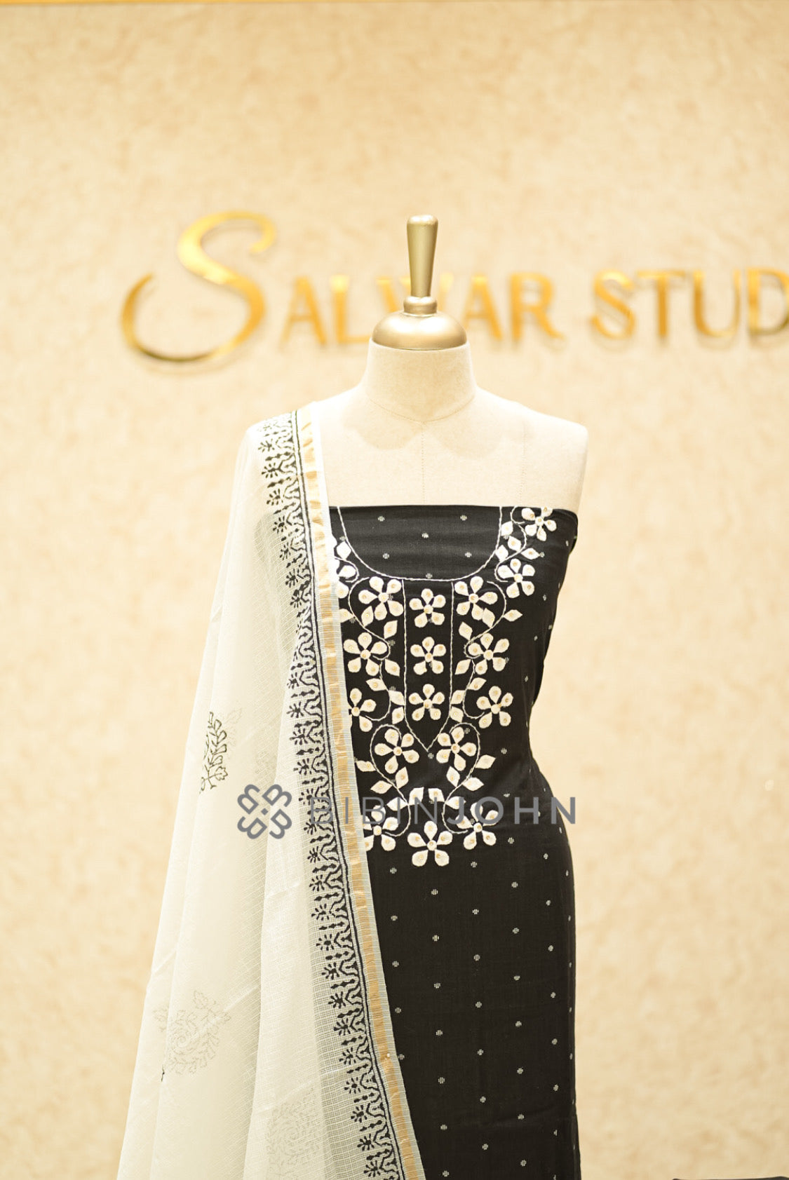Cotton Embroidery Unstitched Salwar Suit Material Black CLOSE VIEW