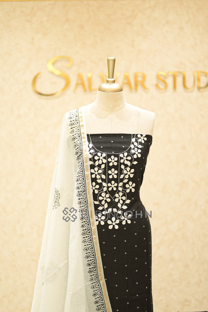 Cotton Embroidery Unstitched Salwar Suit Material Black CLOSE VIEW