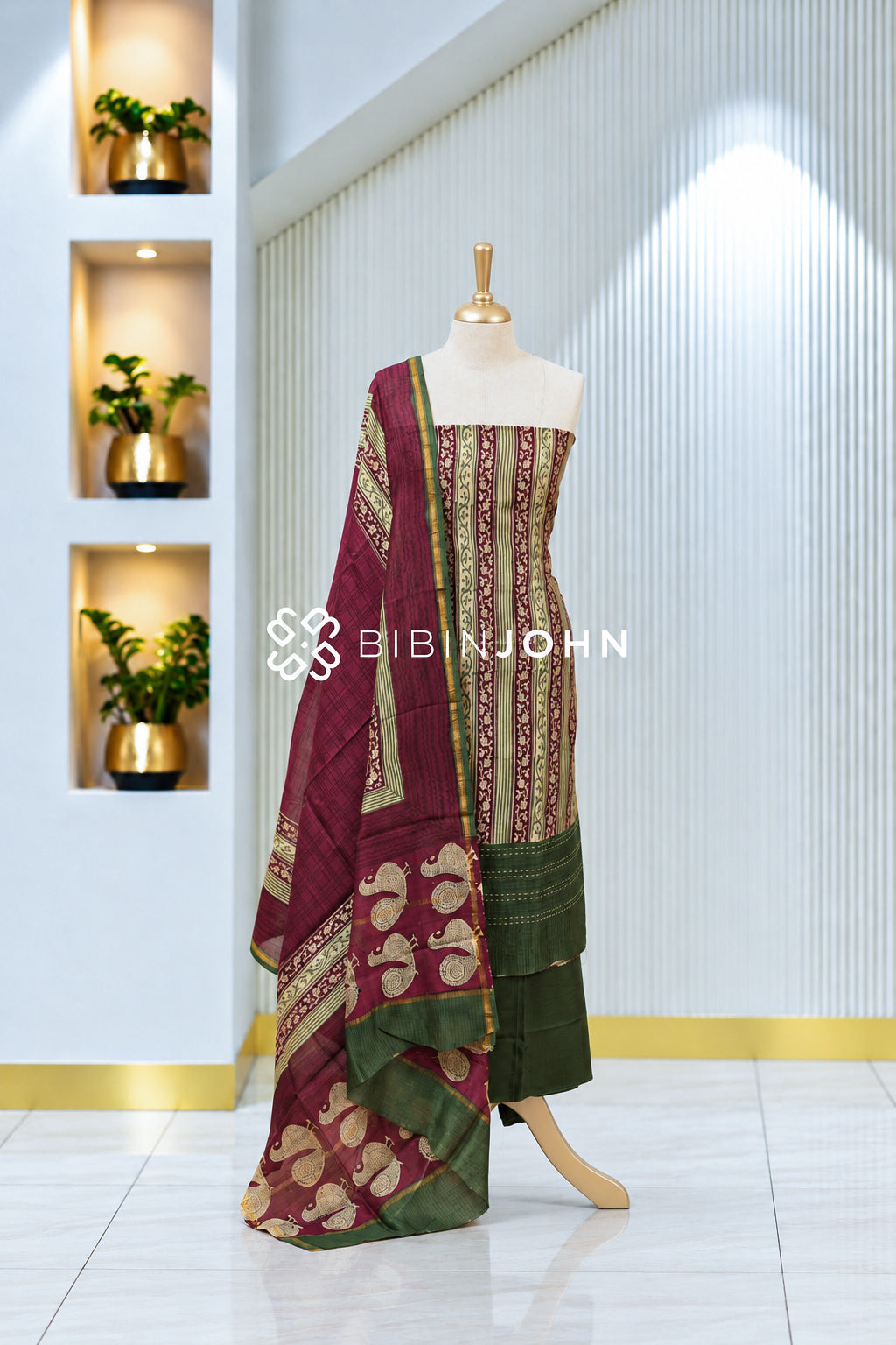 Printed Chanderi Unstitched Salwar Suit Material Wine Maroon With Olive Green BJ1972