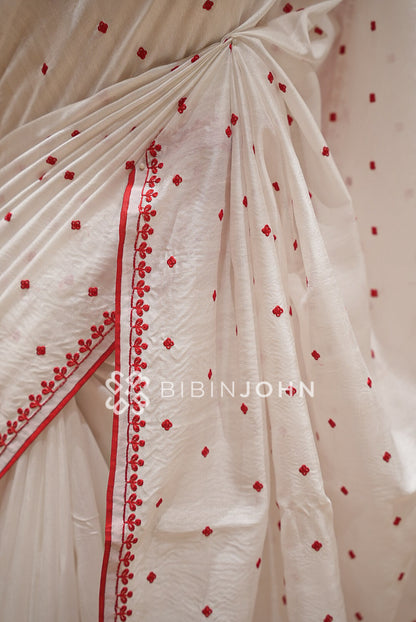 Silk Embroidery Saree Red & White BJ1023