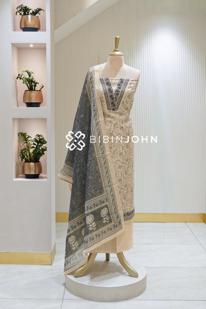 Tissue Embroidery Unstitched Salwar Suit Material Cream BJ2804