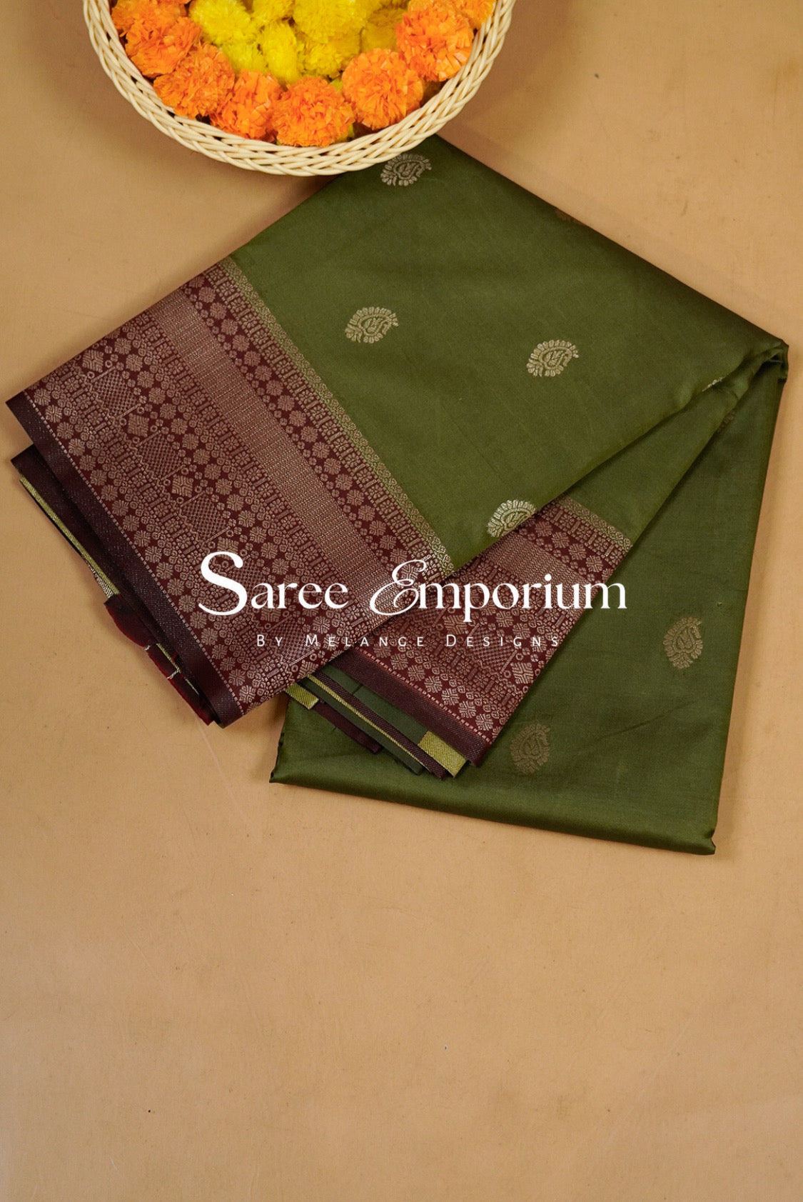 Semi Silk Saree For Women Olive green with burgundy border BJ0568