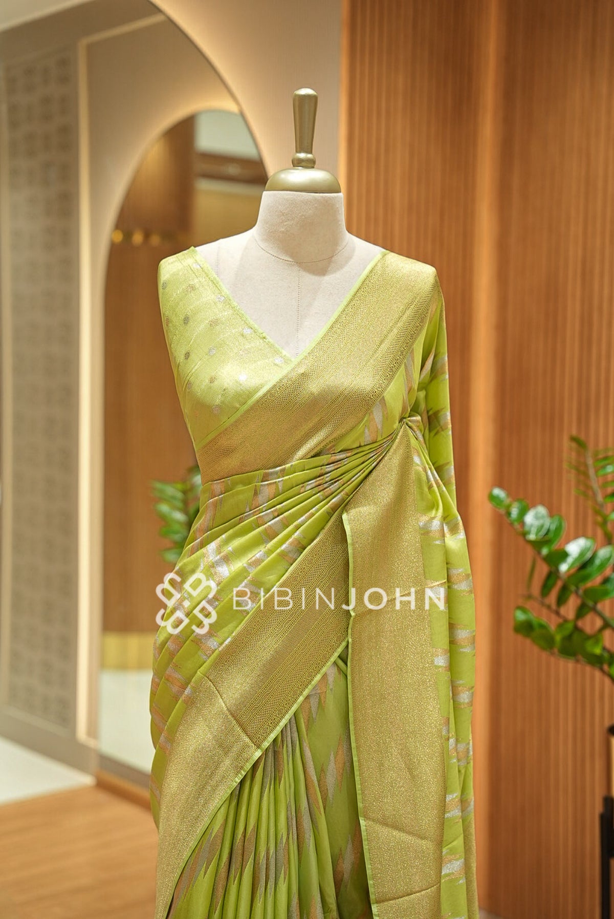 Silk Brocade Saree Lime-Green BJ1036