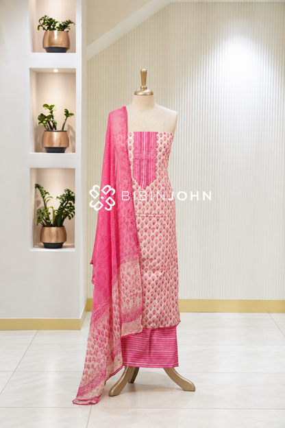 Printed Cotton Unstitched Salwar Suit Material Ivory with Pink BJ1993