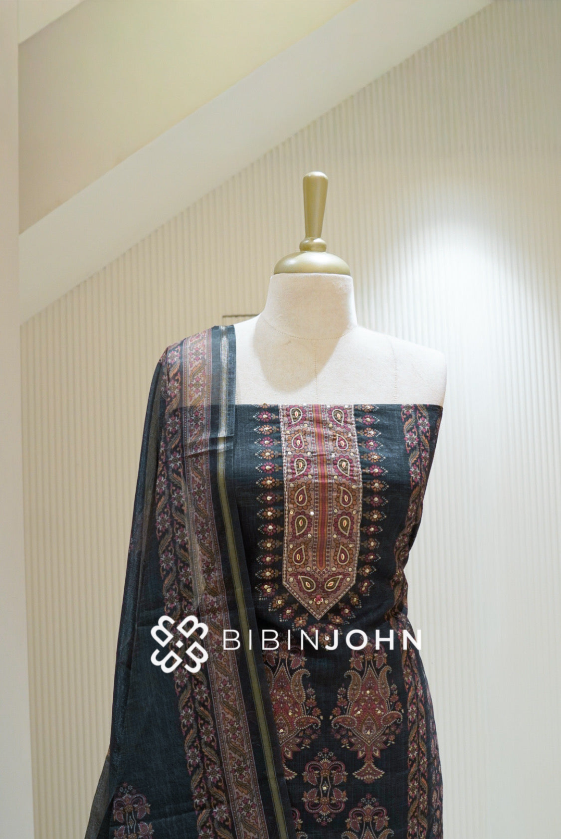 Semi Silk Embroidery Unstitched Salwar Suit Material Charcoal Black BJ2848
