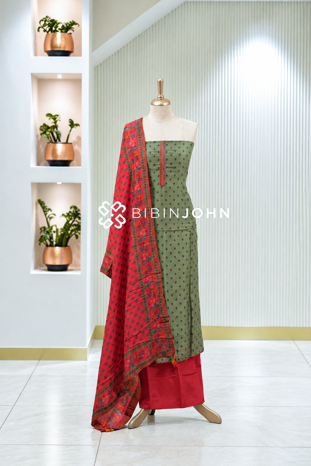 Printed Chanderi Unstitched Salwar Suits Material Olive Green With Red BJ1998
