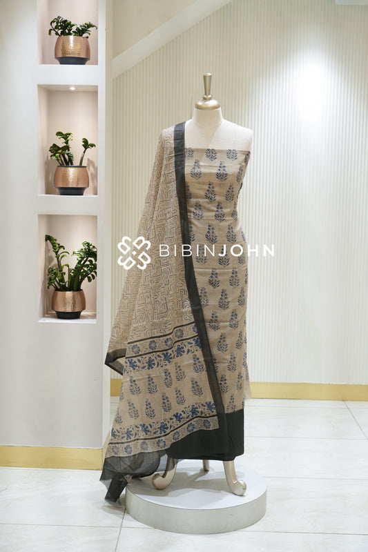 Chanderi Printed Unstitched Salwar Suit Materials  Black, Cream & Muted Grey  BJ2220