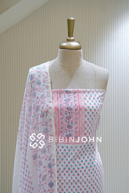 Printed Cotton Unstitched Salwar Suit Material White BJ1118