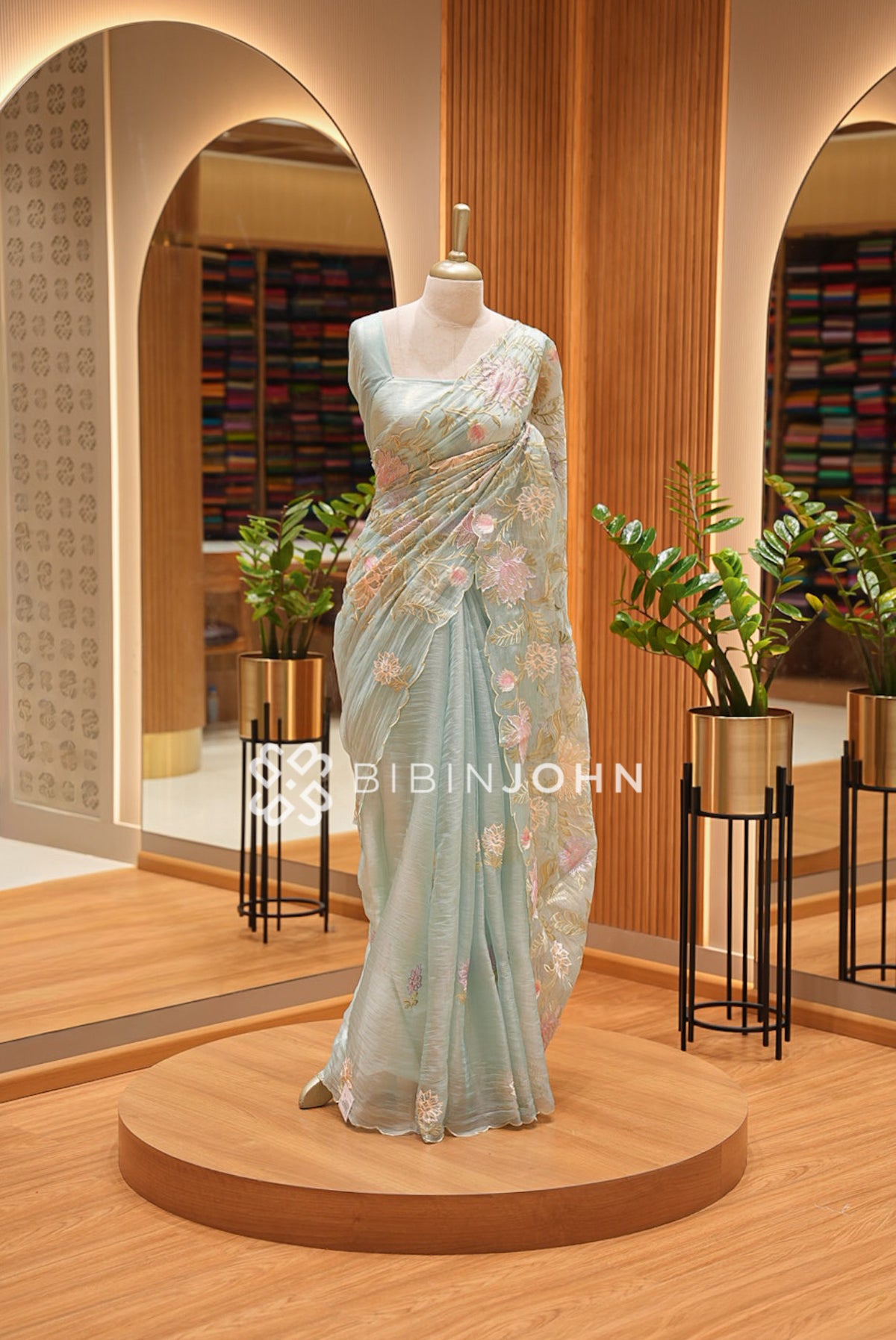 Tissue Organza Embroidery Saree Seafoam Green/Pastel Blue BJ0937