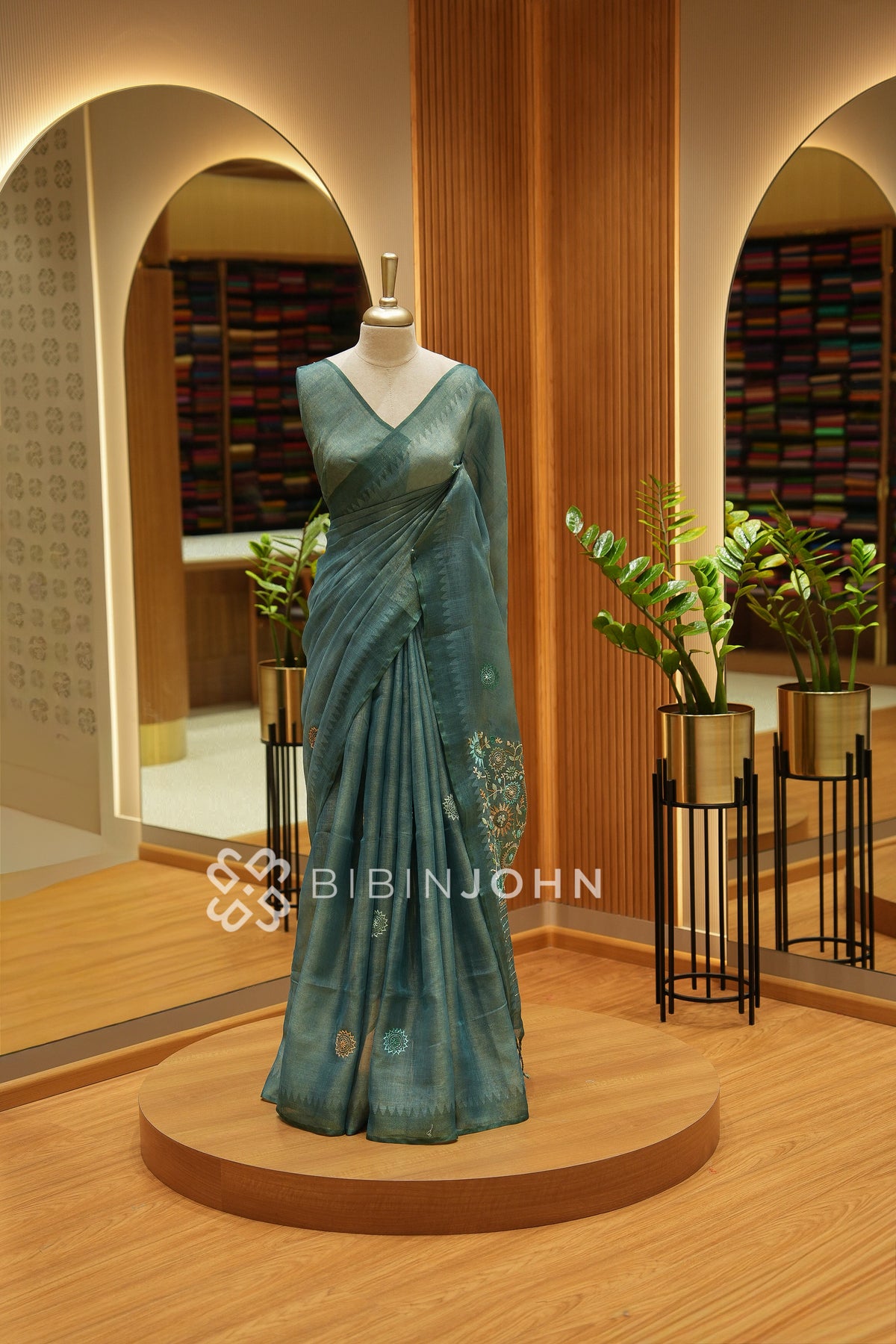 Tissue Linen Embroidery Saree For Women Muted Teal Green BJ2439