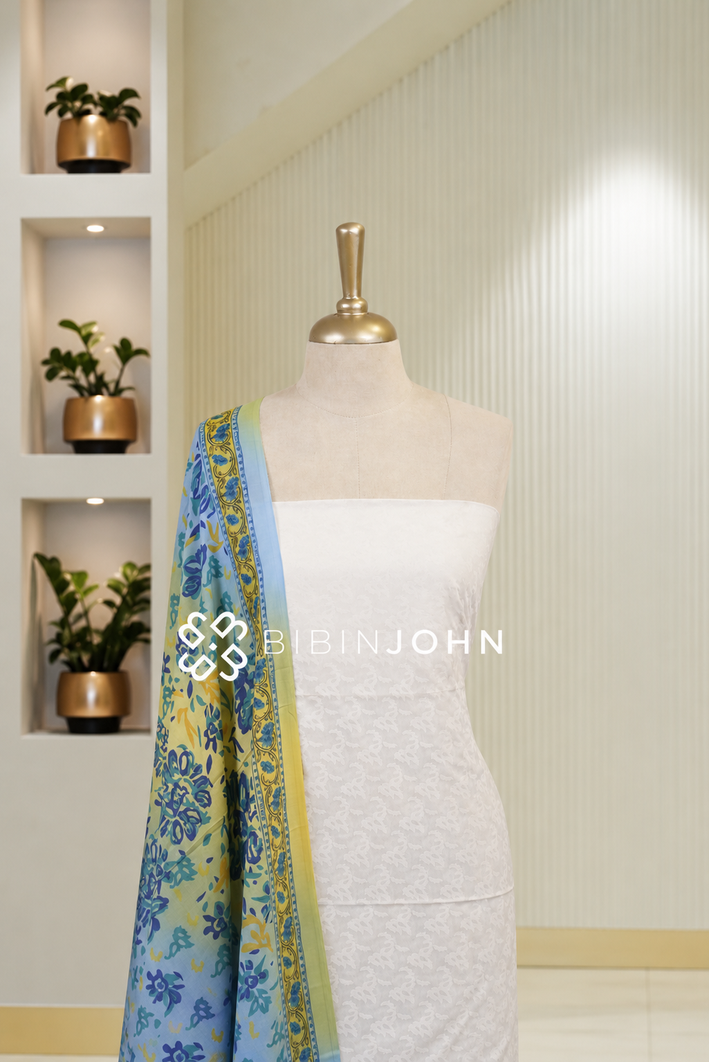 Printed Cotton Unstitched Salwar Suit Material White BJ1798