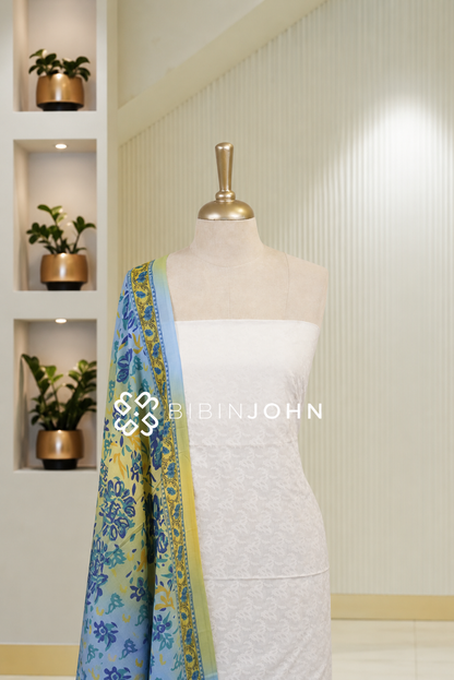 Printed Cotton Unstitched Salwar Suit Material White BJ1798