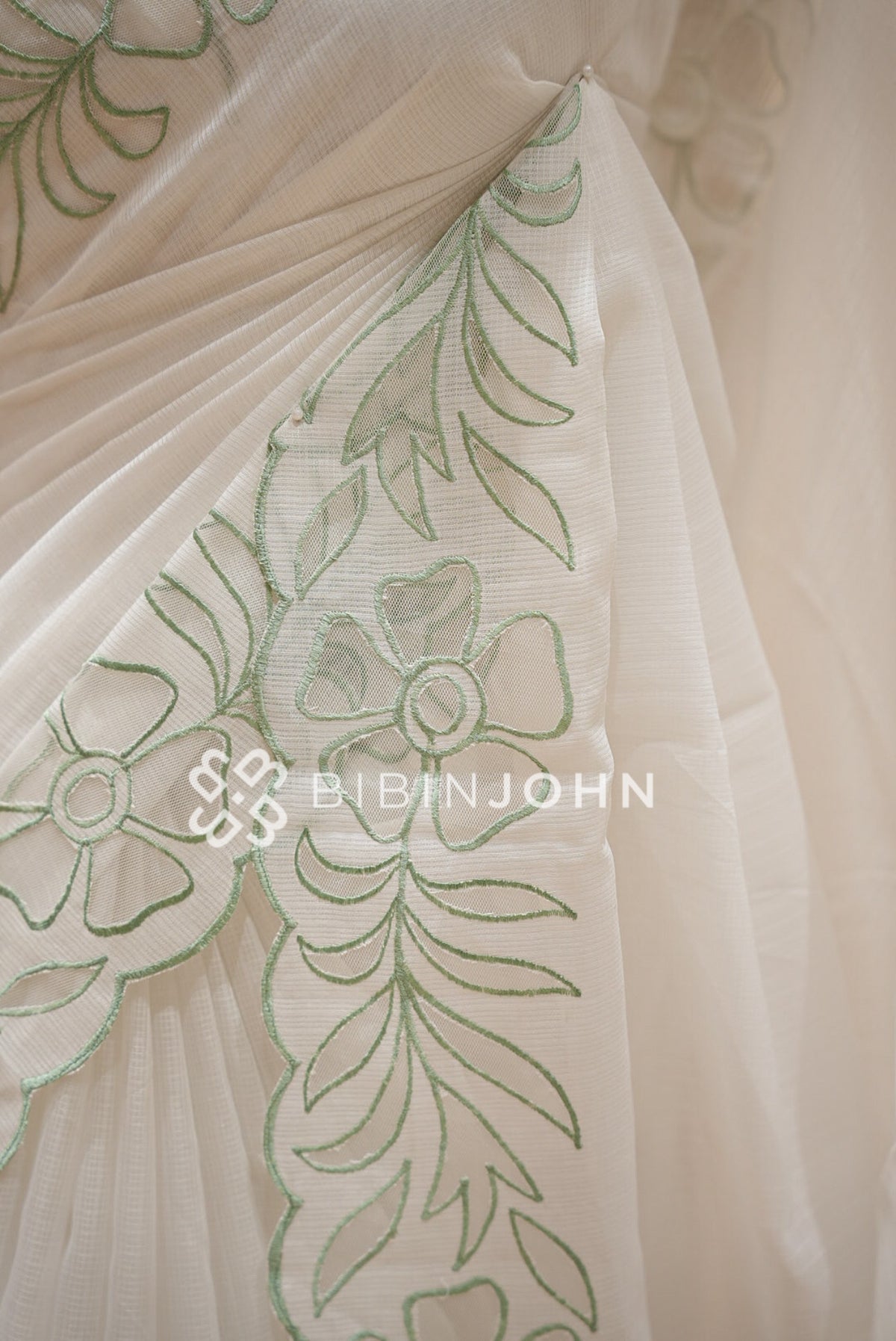 Cotta Embroidery Saree Ivory & Mint Green BJ1051