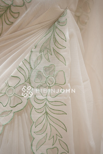 Cotta Embroidery Saree Ivory & Mint Green BJ1051