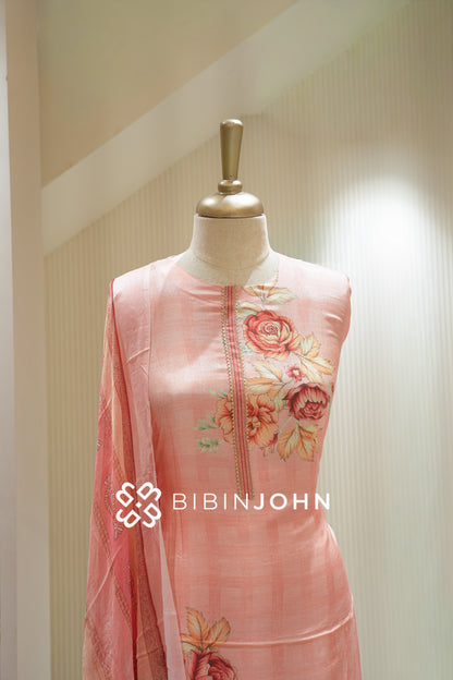 Semi stitched Muslin Embroidery Salwar Suit Material Peach Pink BJ2237