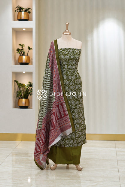 Printed Chanderi Unstitched Salwar Suit Material Olive Green BJ1822