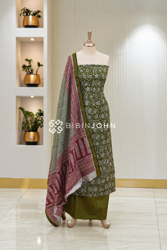 Printed Chanderi Unstitched Salwar Suit Material Olive Green BJ1822