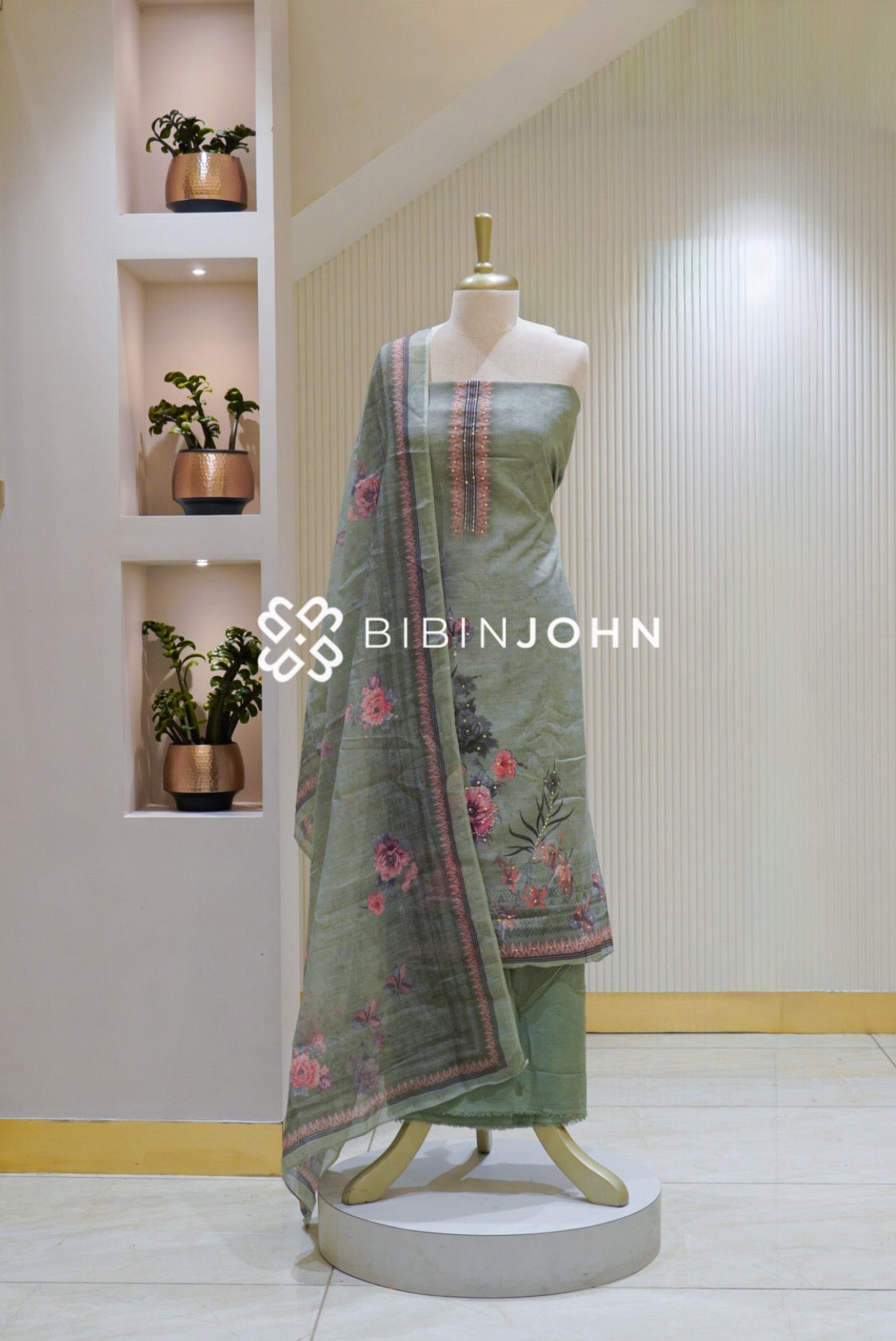 Printed Linen Cotton Embroidery Unstitched Salwar Suit Material Sage Green BJ2611
