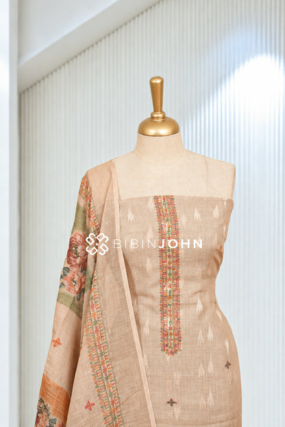 Chanderi Embroidery Unstitched Salwar Suit Material Light Peach Beige BJ2078