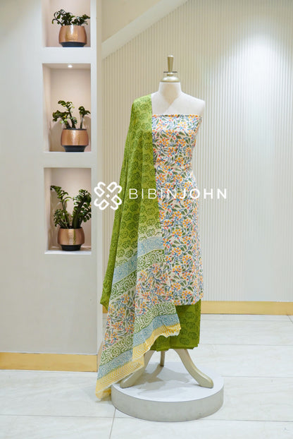 Printed Cotton Unstitched Salwar Suit Material Ivory White With Leaf Green BJ2628