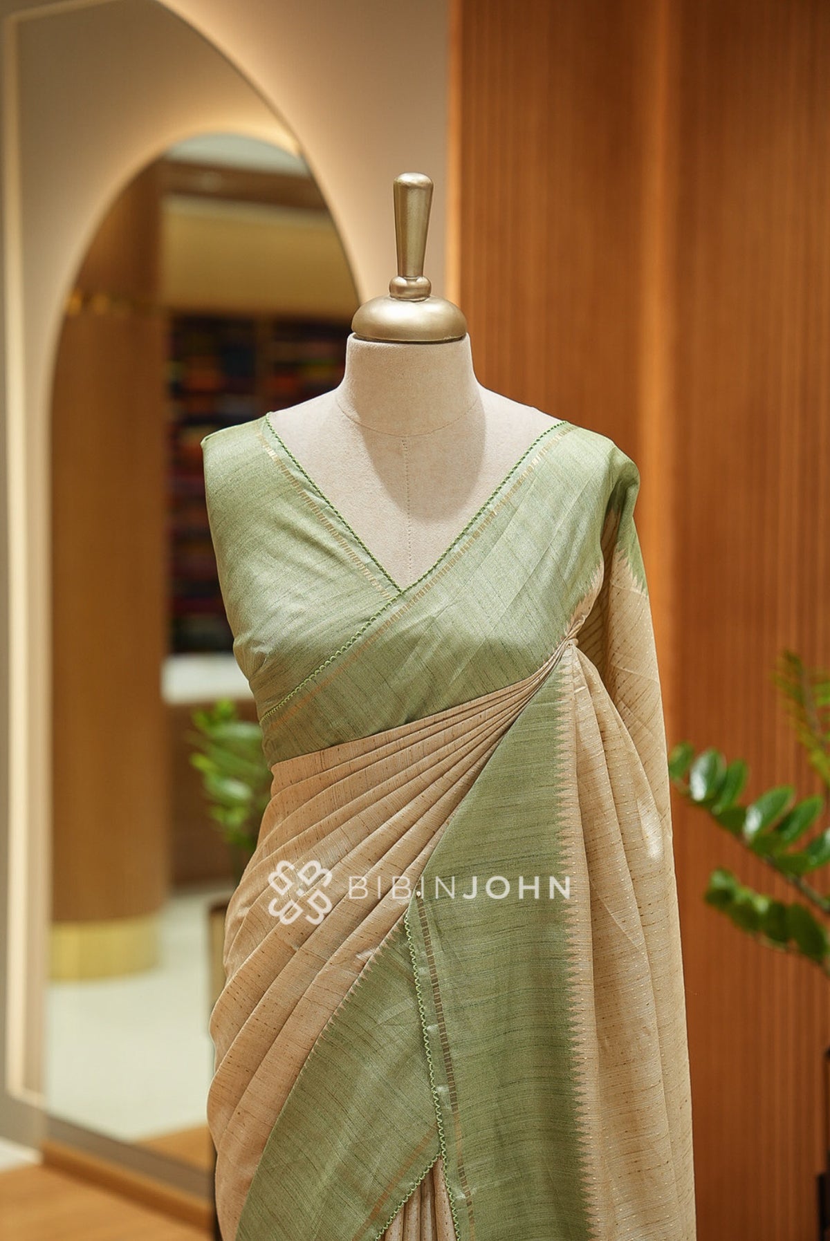 Semi Tussar Weaving Saree For Women Sage Green and Beige BJ2656