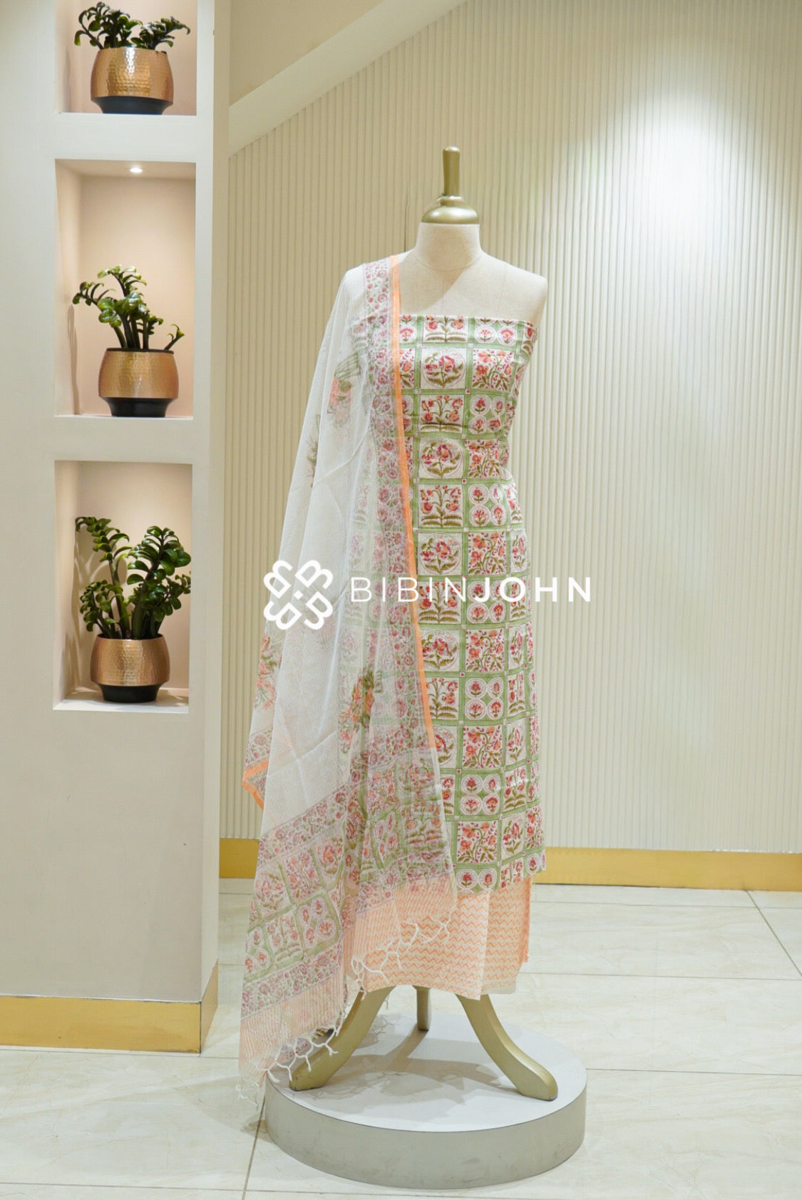 Printed Cotton Unstitched Salwar Suit Material Off White With Peach Pink BJ2833