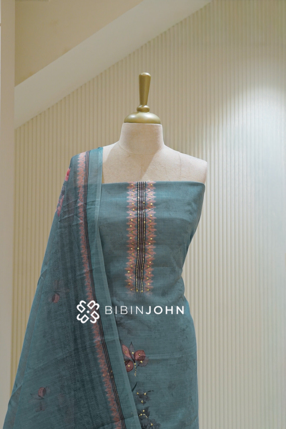 Printed Linen Cotton Embroidery Unstitched Salwar Suit Material Dusty Teal Blue BJ2612