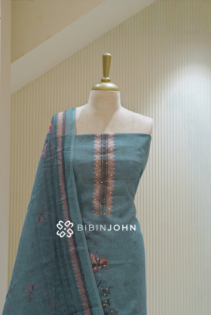 Printed Linen Cotton Embroidery Unstitched Salwar Suit Material Dusty Teal Blue BJ2612