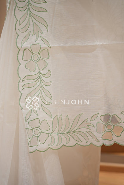Cotta Embroidery Saree Ivory & Mint Green BJ1051