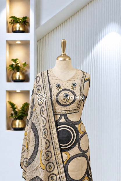 Muslin Embroidery Semi Stitched Salwar Suit Ivory Beige With Charcoal Black BJ1976