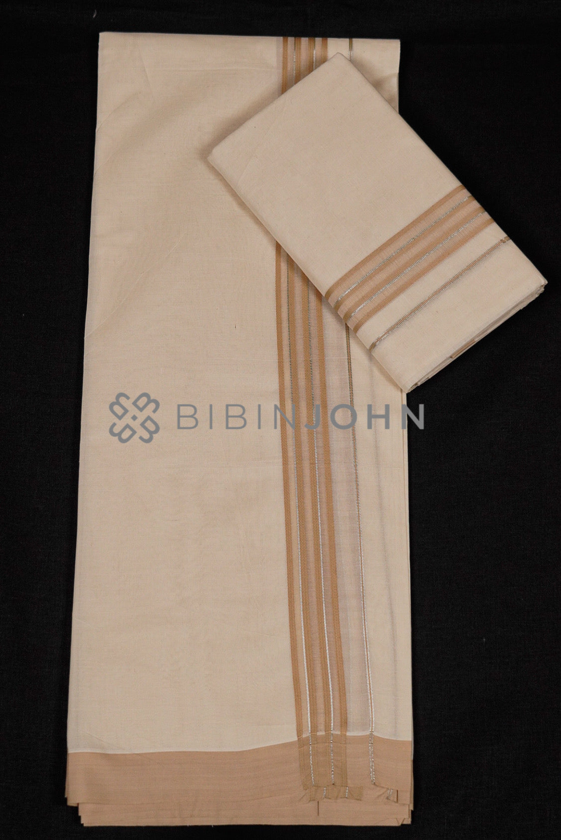 Cotton Dhoti For Men Off White with Beige Gold full view.