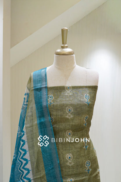 Chanderi Embroidery Unstitched Salwar Suit Material Olive Green with Turquoise Blue BJ2733