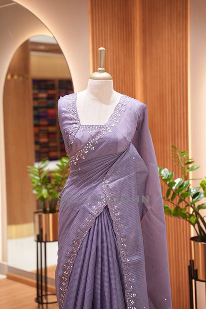 Cotta Embroidery Saree For Women Lavender-Grey  close view