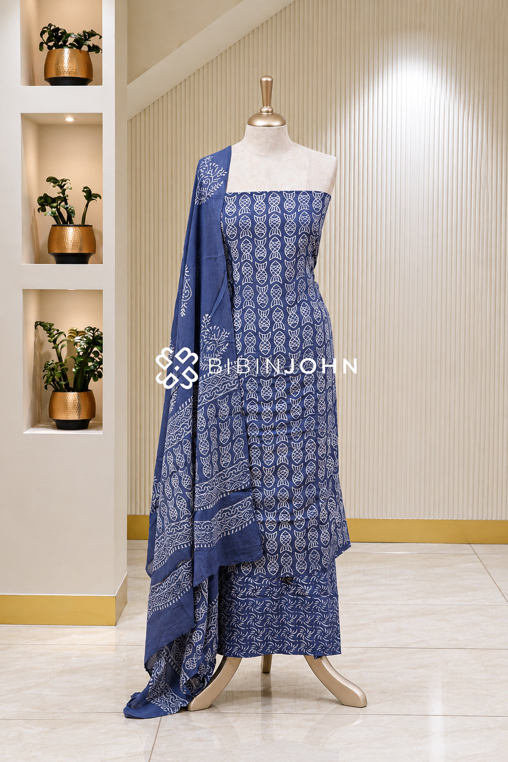 Printed Cotton Unstitched Salwar Suit Material Indigo Blue BJ1816