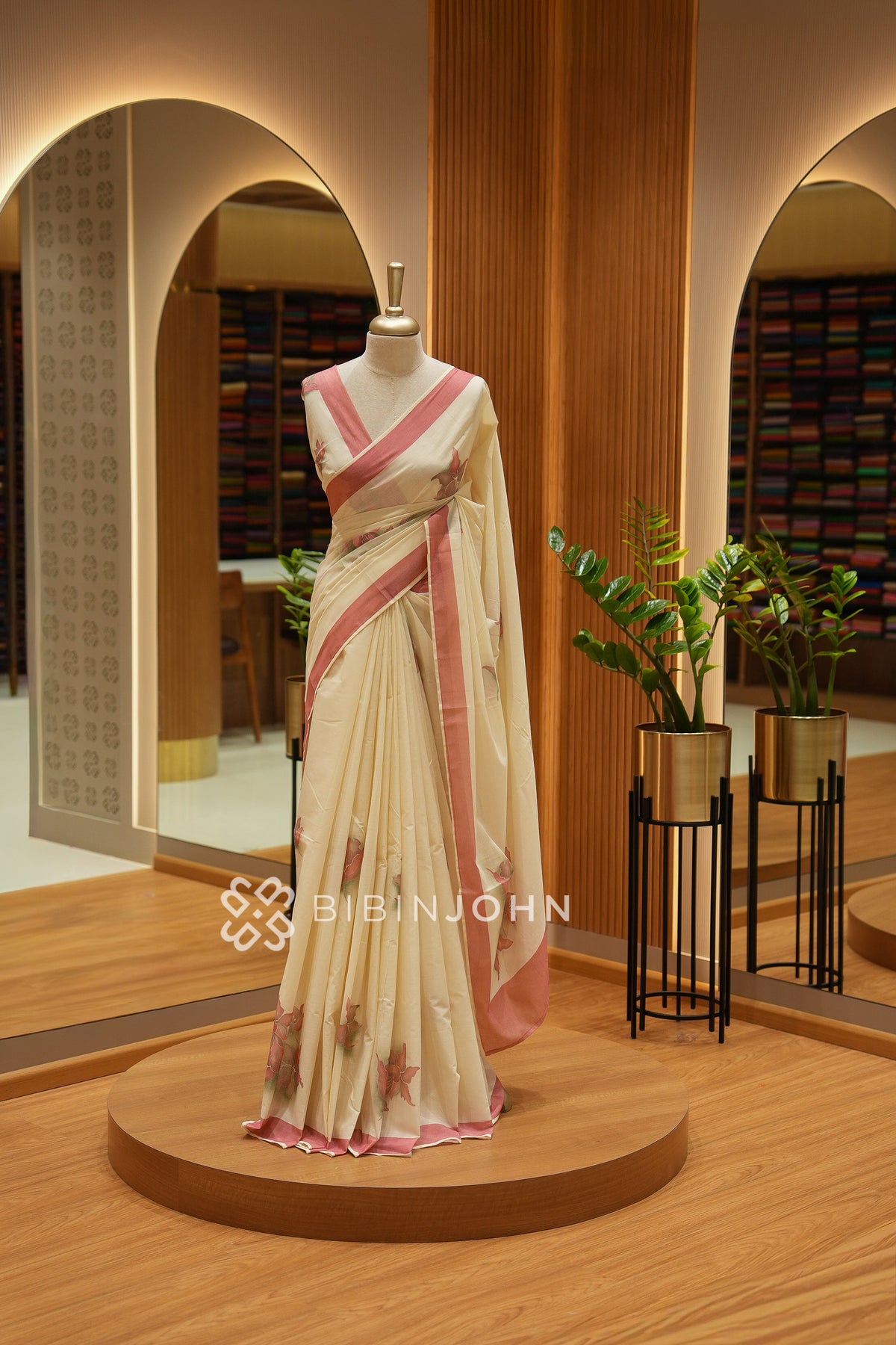 Printed Cotton Saree For Women Cream with Dusty Pink BJ2464
