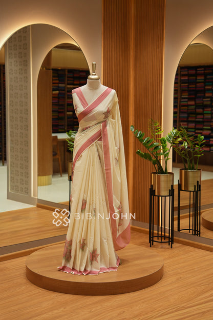 Printed Cotton Saree For Women Cream with Dusty Pink BJ2464