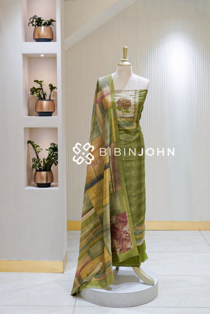 Semi Silk Embroidery Unstitched Salwar Suit Material Olive Green BJ2491