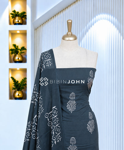 Printed Cotton Unstitched Salwar Suit Material Charcoal Blue-Grey BJ2084