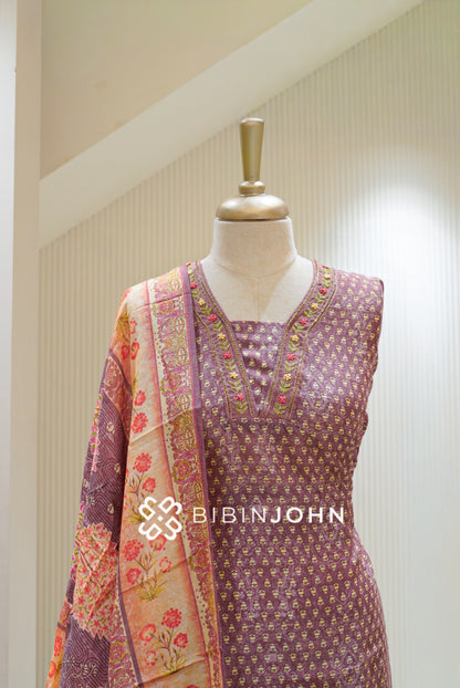 Semi Stitched Chanderi Embroidery Salwar Suit Material Dusty Mauve With Peach BJ2745