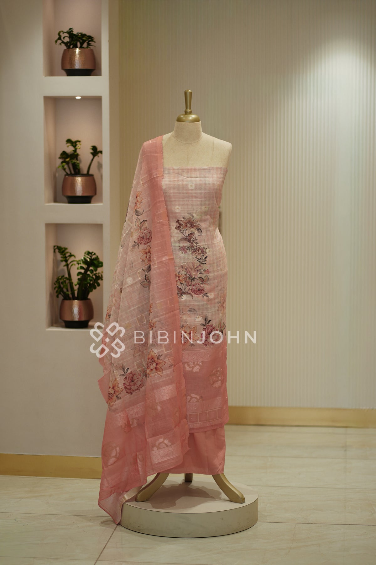 Art Linen Embroidery Unstitched Salwar Suit Material  Dusty Peach Pink BJ2373