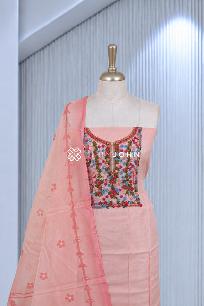 Cotta Embroidery Unstitched Salwar Suit Material Pastel Peach Pink BJ2067