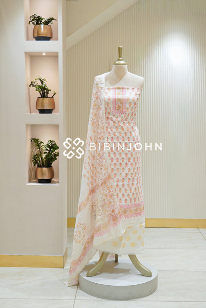 Printed Cotton Unstitched Salwar Suit Material Off White With Peach Pink BJ2816
