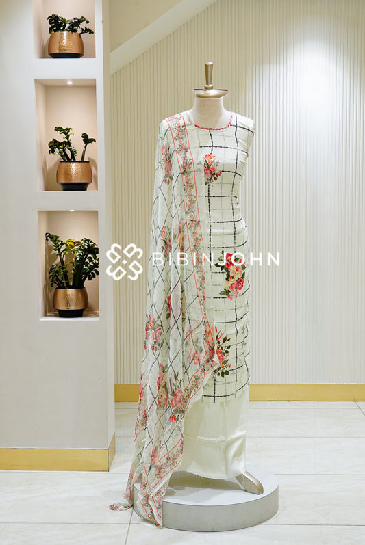 Semi stitched Muslin Salwar Suit Material Ivory White BJ1562