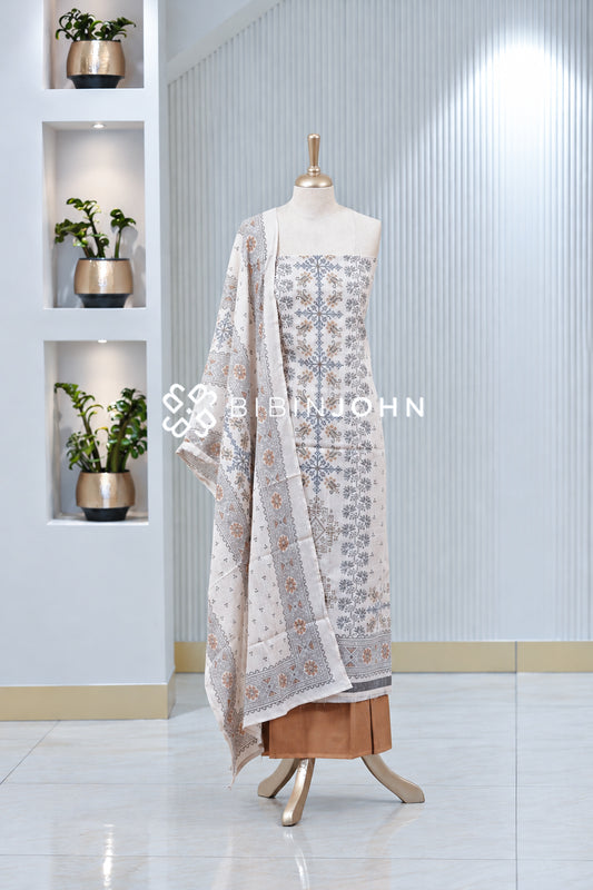 Printed Cotton Unstitched Salwar Suit Material Ivory White BJ2025
