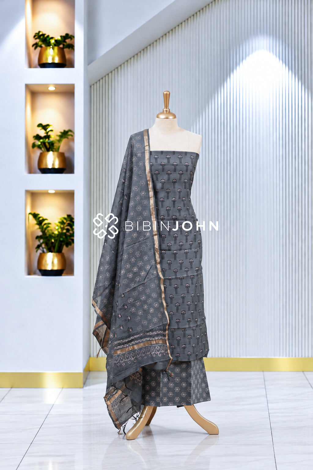 Printed Chanderi Unstitched Salwar Suit Material Charcoal Grey  BJ1982