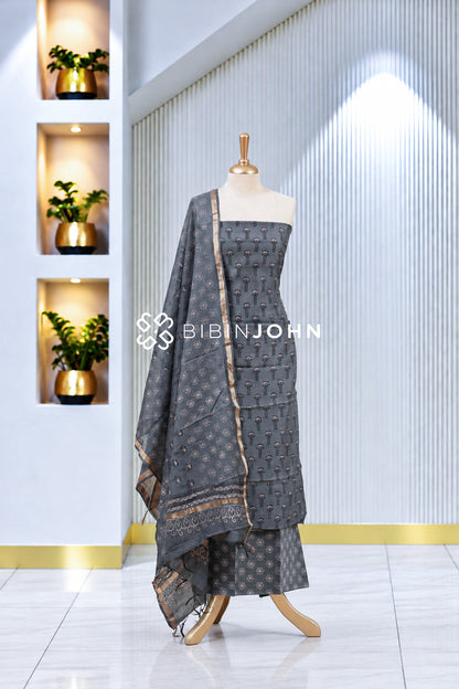 Printed Chanderi Unstitched Salwar Suit Material Charcoal Grey  BJ1982